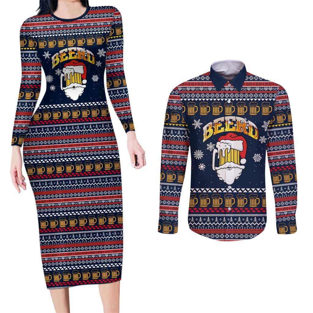 Santa Beerd Christmas Couples Matching Long Sleeve Bodycon Dress and Long Sleeve Button Shirt Xmas Holiday Patterns - Wonder Print Shop