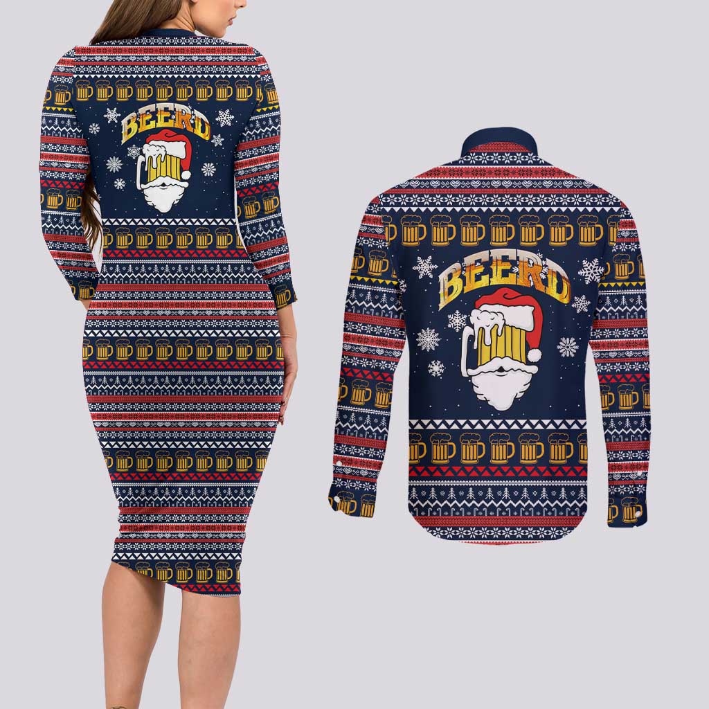 Santa Beerd Christmas Couples Matching Long Sleeve Bodycon Dress and Long Sleeve Button Shirt Xmas Holiday Patterns - Wonder Print Shop