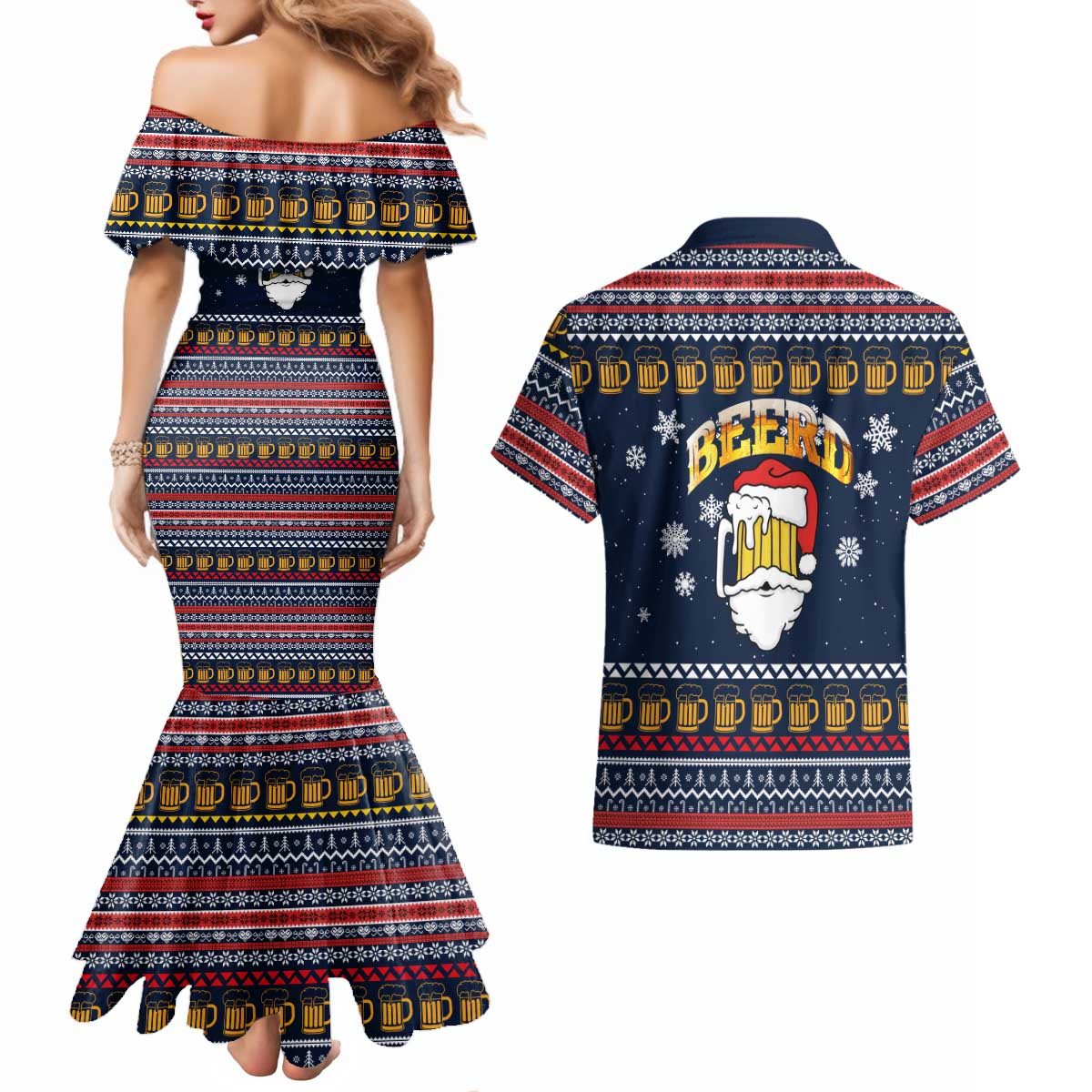 Santa Beerd Christmas Couples Matching Mermaid Dress and Hawaiian Shirt Xmas Holiday Patterns - undefined