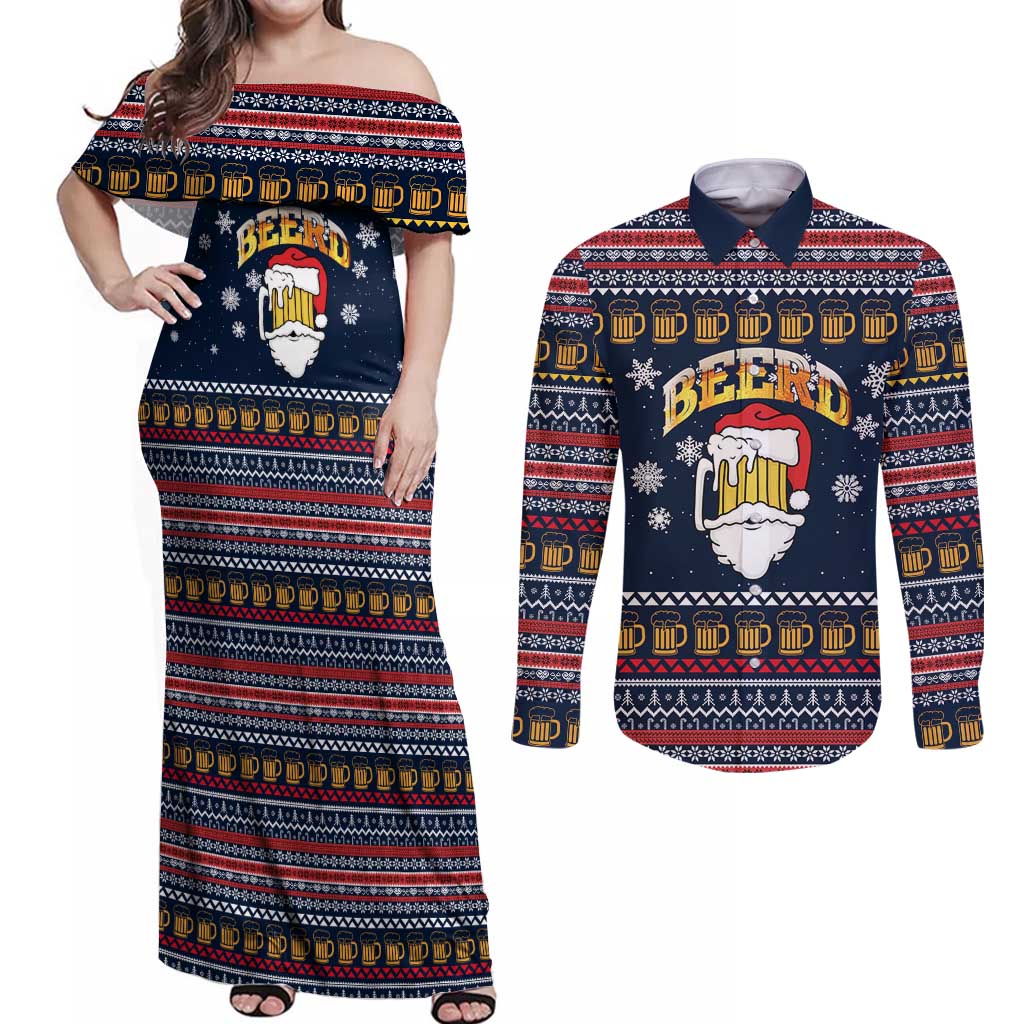 Santa Beerd Christmas Couples Matching Off Shoulder Maxi Dress and Long Sleeve Button Shirt Xmas Holiday Patterns - Wonder Print Shop
