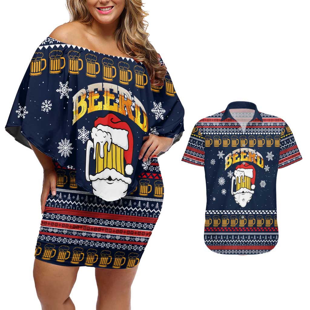 Santa Beerd Christmas Couples Matching Off Shoulder Short Dress and Hawaiian Shirt Xmas Holiday Patterns - Wonder Print Shop