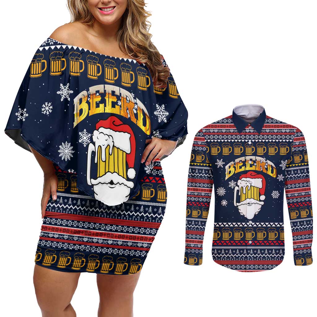 Santa Beerd Christmas Couples Matching Off Shoulder Short Dress and Long Sleeve Button Shirt Xmas Holiday Patterns - Wonder Print Shop