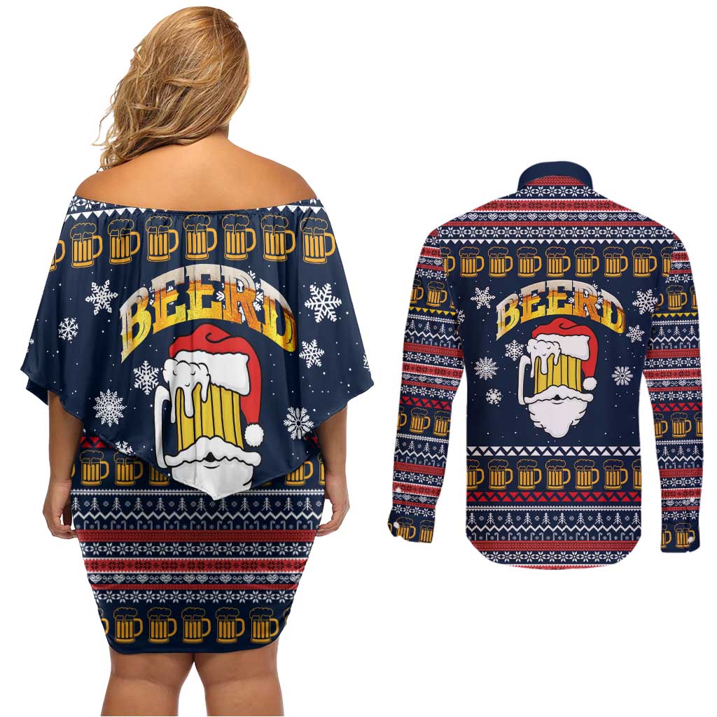 Santa Beerd Christmas Couples Matching Off Shoulder Short Dress and Long Sleeve Button Shirt Xmas Holiday Patterns - Wonder Print Shop