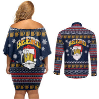 Santa Beerd Christmas Couples Matching Off Shoulder Short Dress and Long Sleeve Button Shirt Xmas Holiday Patterns - Wonder Print Shop