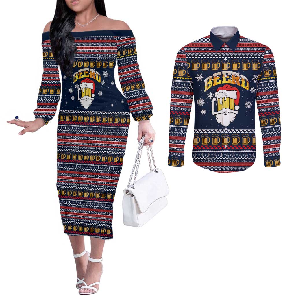 Santa Beerd Christmas Couples Matching Off The Shoulder Long Sleeve Dress and Long Sleeve Button Shirt Xmas Holiday Patterns - Wonder Print Shop
