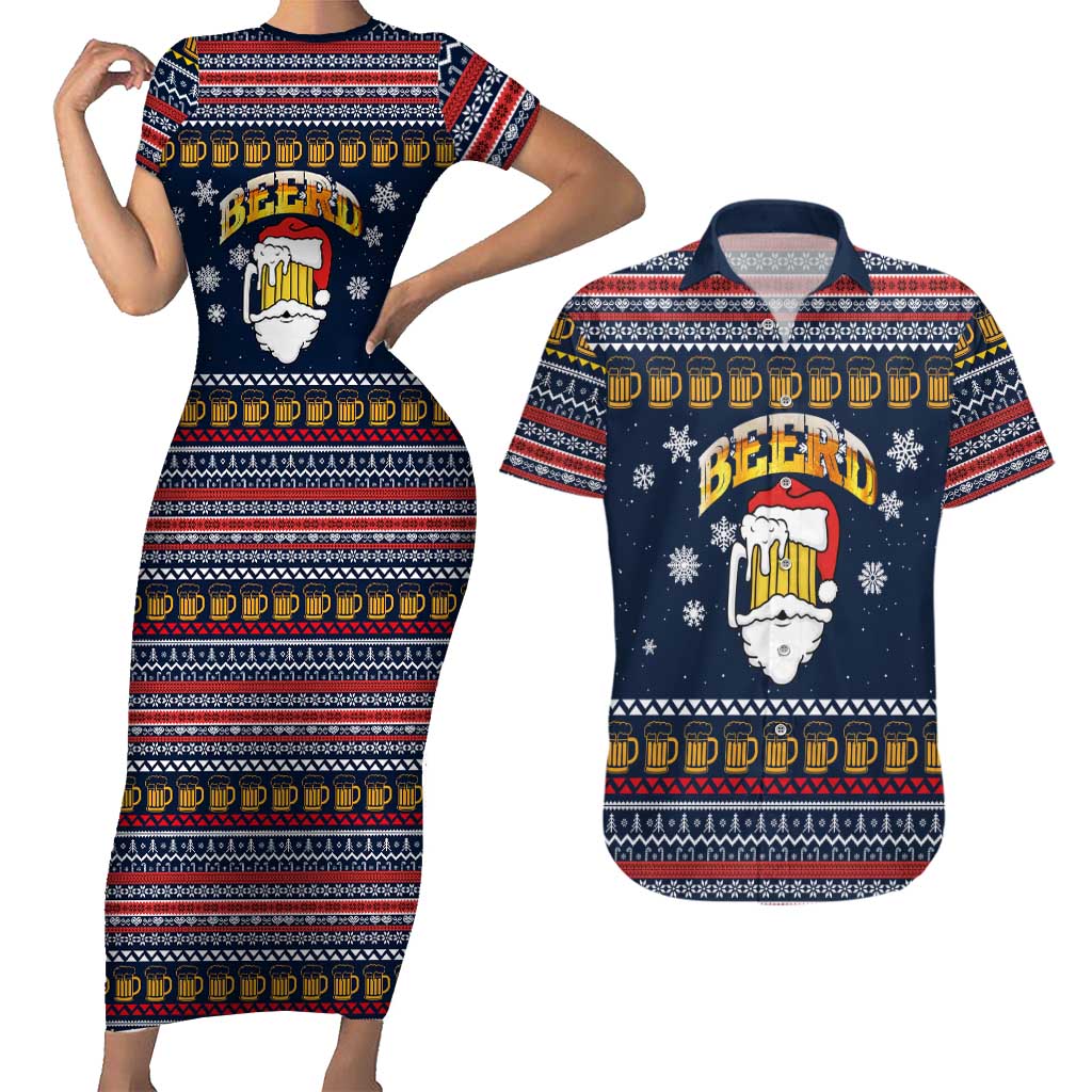 Santa Beerd Christmas Couples Matching Short Sleeve Bodycon Dress and Hawaiian Shirt Xmas Holiday Patterns - Wonder Print Shop
