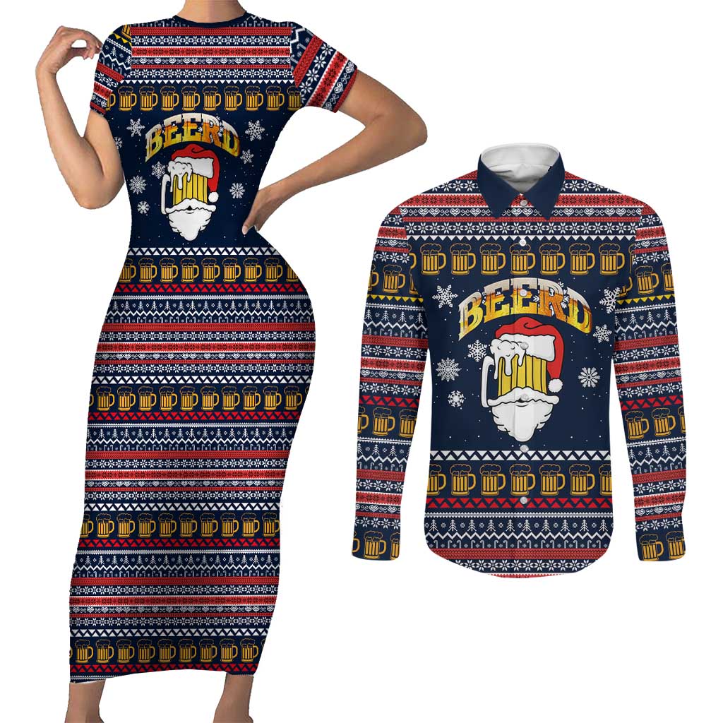 Santa Beerd Christmas Couples Matching Short Sleeve Bodycon Dress and Long Sleeve Button Shirt Xmas Holiday Patterns - Wonder Print Shop