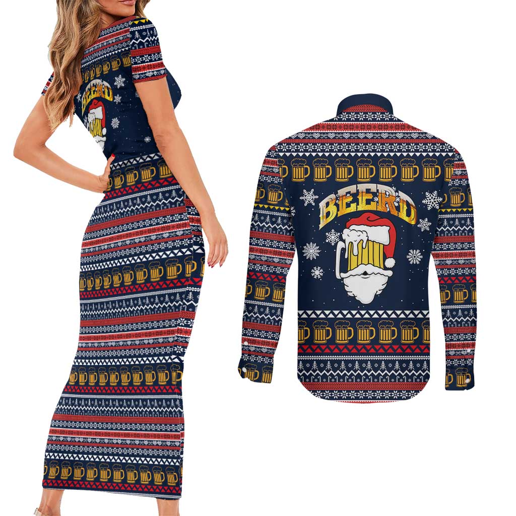 Santa Beerd Christmas Couples Matching Short Sleeve Bodycon Dress and Long Sleeve Button Shirt Xmas Holiday Patterns - Wonder Print Shop