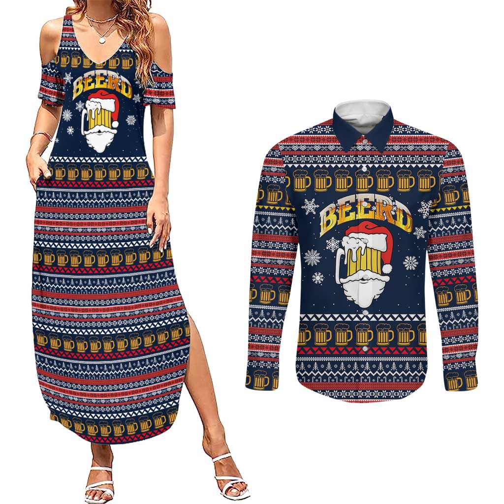 Santa Beerd Christmas Couples Matching Summer Maxi Dress and Long Sleeve Button Shirt Xmas Holiday Patterns - Wonder Print Shop