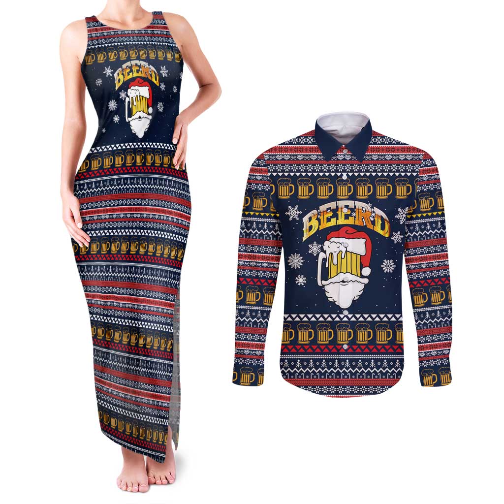 Santa Beerd Christmas Couples Matching Tank Maxi Dress and Long Sleeve Button Shirt Xmas Holiday Patterns - Wonder Print Shop