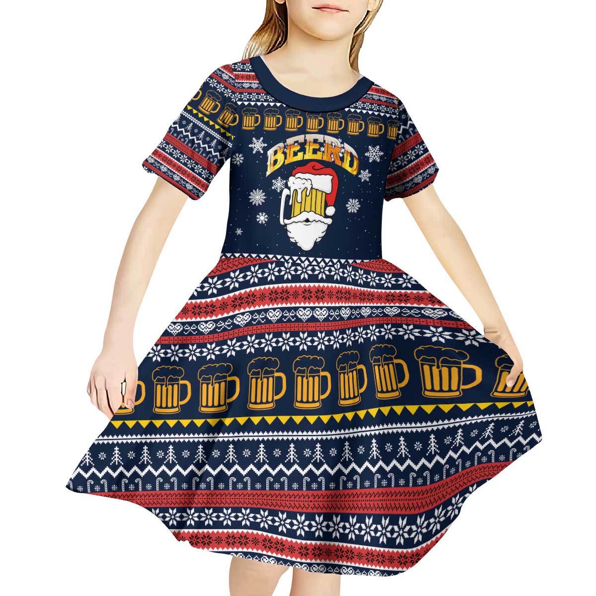Santa Beerd Christmas Kid Short Sleeve Dress Xmas Holiday Patterns - Wonder Print Shop