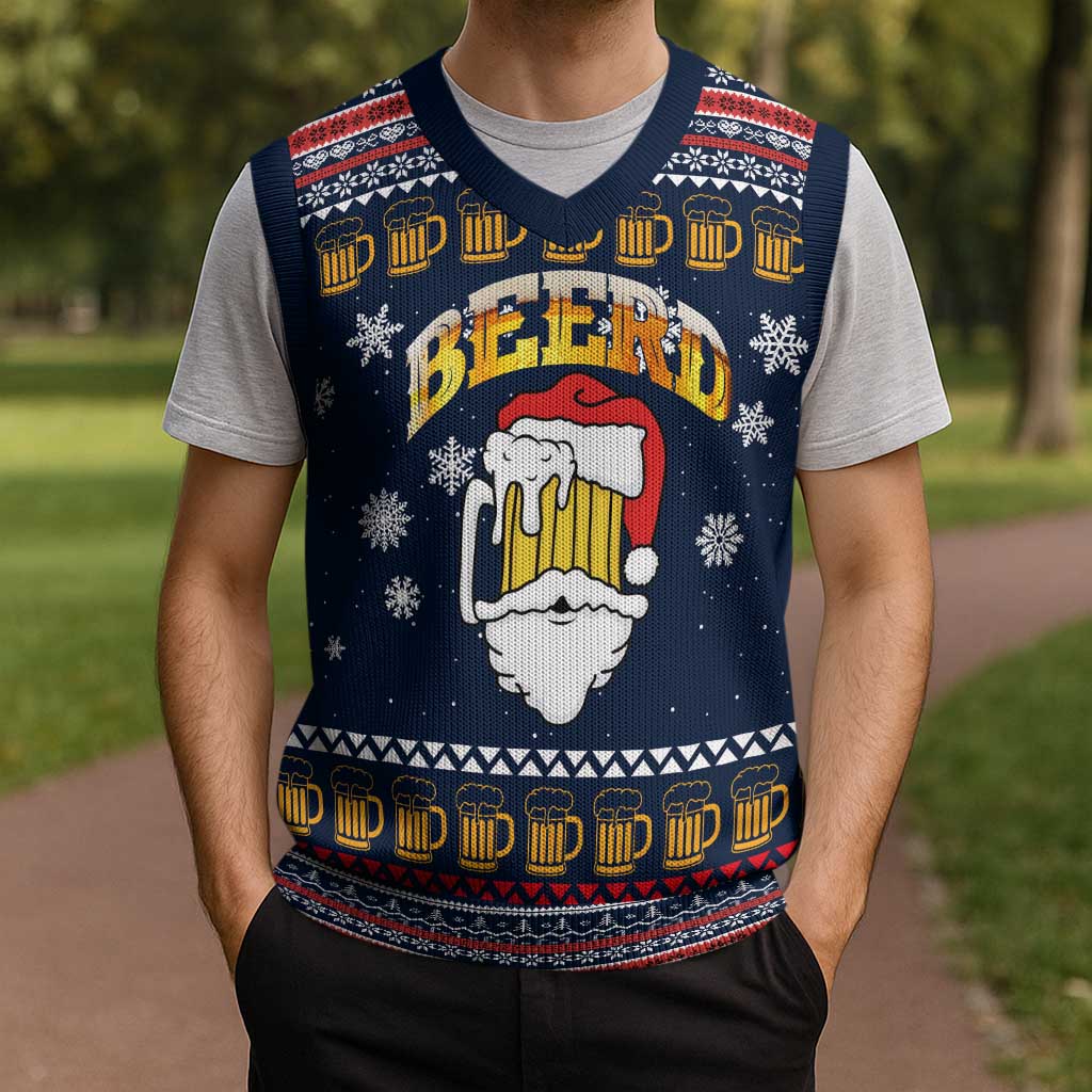 Santa Beerd Christmas Knitted V-Neck Vest Xmas Holiday Patterns - Wonder Print Shop