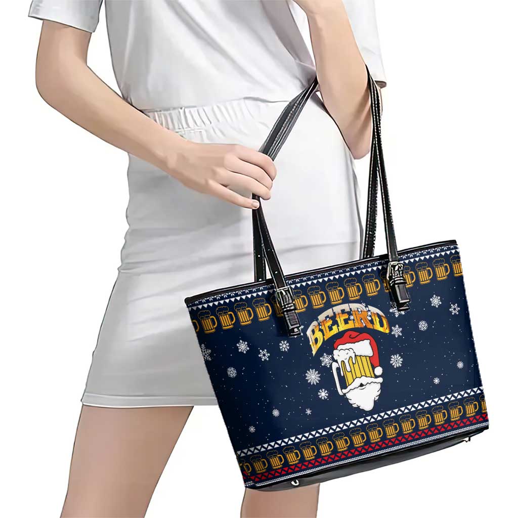 Santa Beerd Christmas Leather Tote Bag Xmas Holiday Patterns - Wonder Print Shop