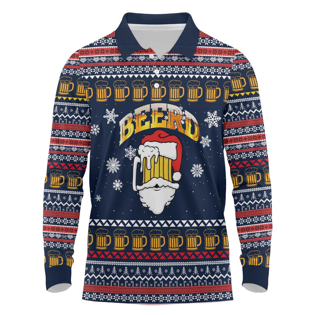 Santa Beerd Christmas Long Sleeve Polo Shirt Xmas Holiday Patterns - Wonder Print Shop