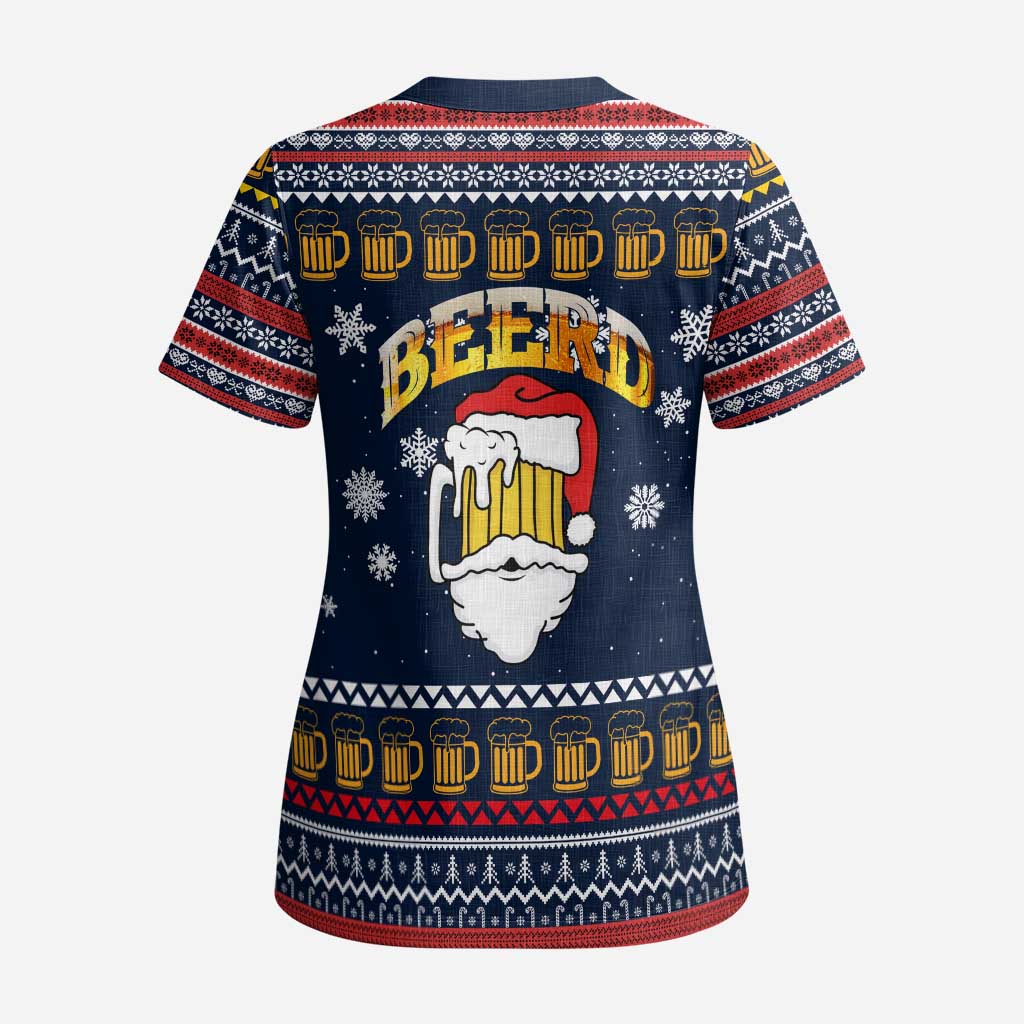 Santa Beerd Christmas Scrub Top Xmas Holiday Patterns - Wonder Print Shop
