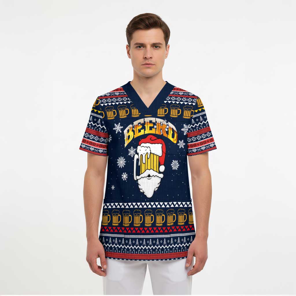 Santa Beerd Christmas Scrub Top Xmas Holiday Patterns - Wonder Print Shop