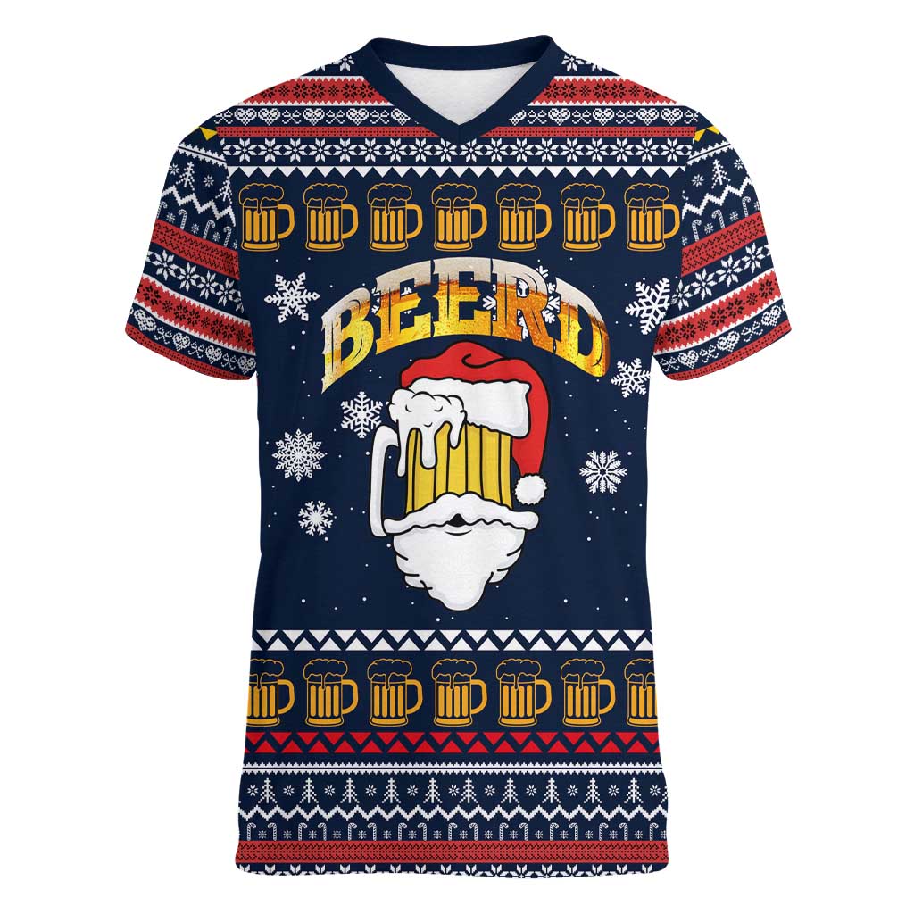 Santa Beerd Christmas Women V-Neck T-Shirt Xmas Holiday Patterns - Wonder Print Shop