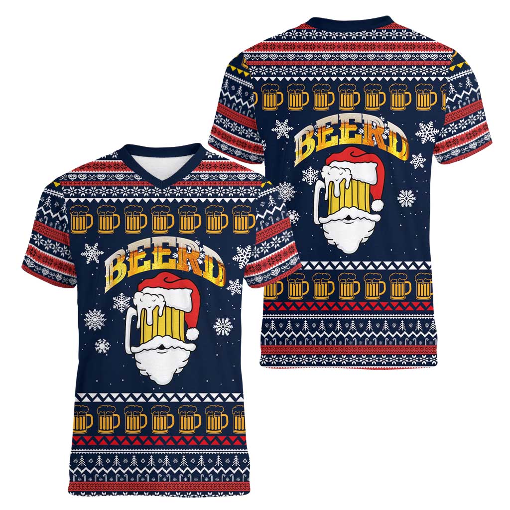 Santa Beerd Christmas Women V-Neck T-Shirt Xmas Holiday Patterns - Wonder Print Shop