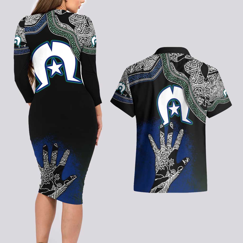 Black And White Aboriginal - Torres Strait Islanders Flag Couples Matching Long Sleeve Bodycon Dress and Hawaiian Shirt - Wonder Print Shop