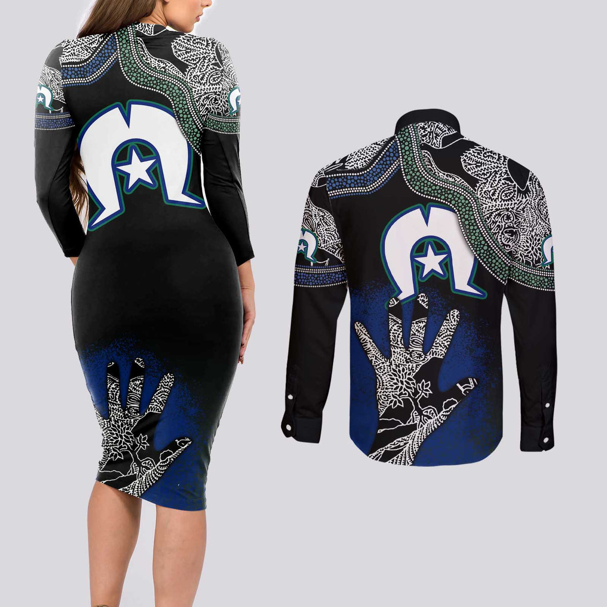 Black And White Aboriginal - Torres Strait Islanders Flag Couples Matching Long Sleeve Bodycon Dress and Long Sleeve Button Shirt - Wonder Print Shop