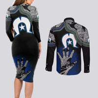 Black And White Aboriginal - Torres Strait Islanders Flag Couples Matching Long Sleeve Bodycon Dress and Long Sleeve Button Shirt - Wonder Print Shop