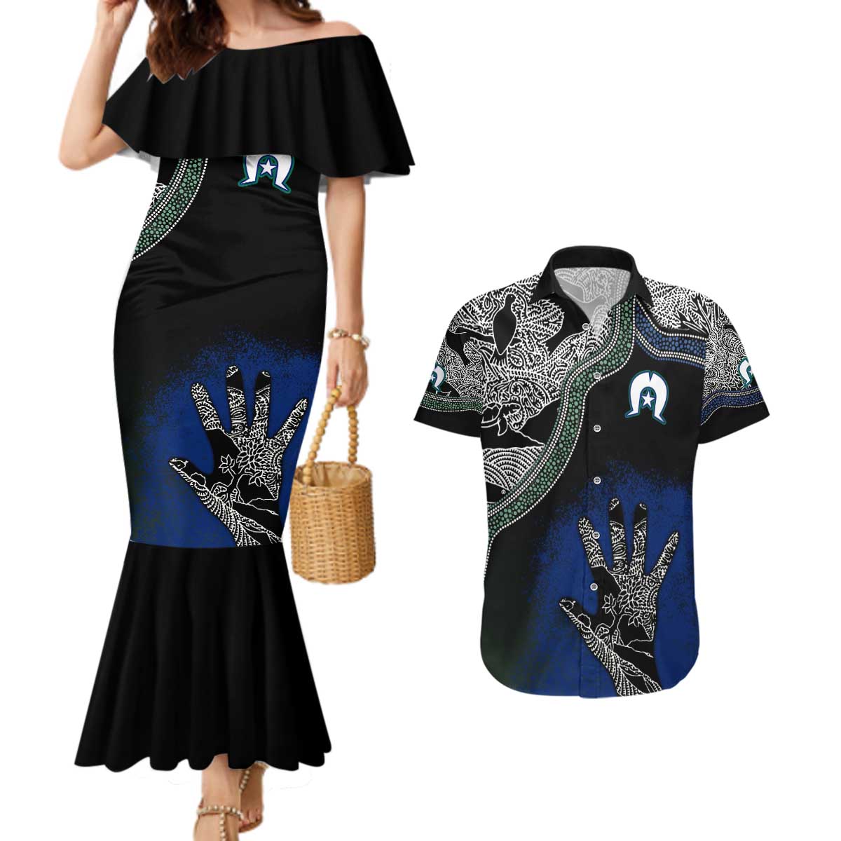 Black And White Aboriginal - Torres Strait Islanders Flag Couples Matching Mermaid Dress and Hawaiian Shirt - Wonder Print Shop