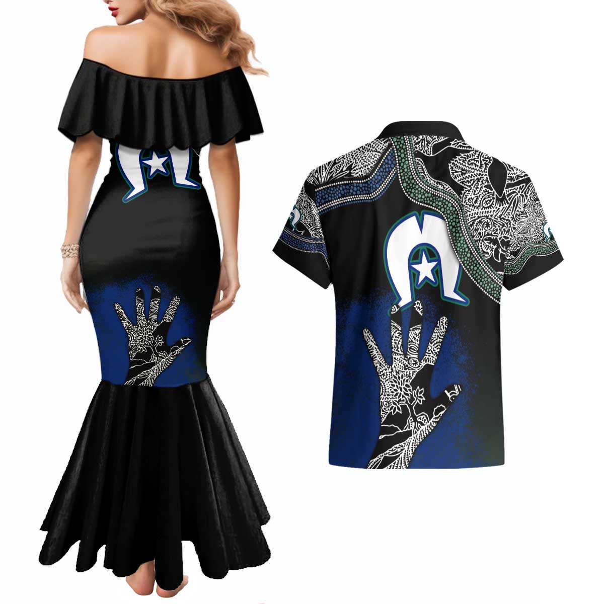 Black And White Aboriginal - Torres Strait Islanders Flag Couples Matching Mermaid Dress and Hawaiian Shirt - Wonder Print Shop