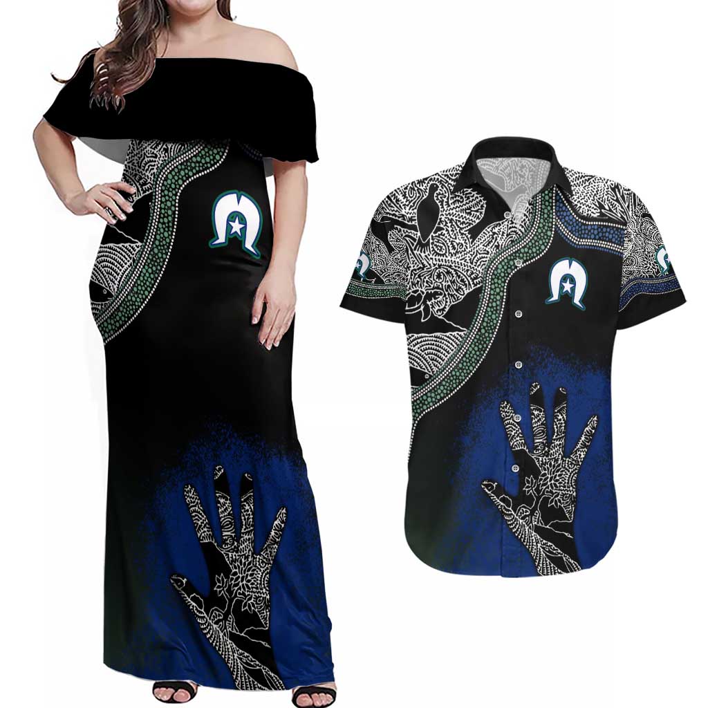 Black And White Aboriginal - Torres Strait Islanders Flag Couples Matching Off Shoulder Maxi Dress and Hawaiian Shirt - Wonder Print Shop