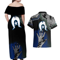Black And White Aboriginal - Torres Strait Islanders Flag Couples Matching Off Shoulder Maxi Dress and Hawaiian Shirt - Wonder Print Shop