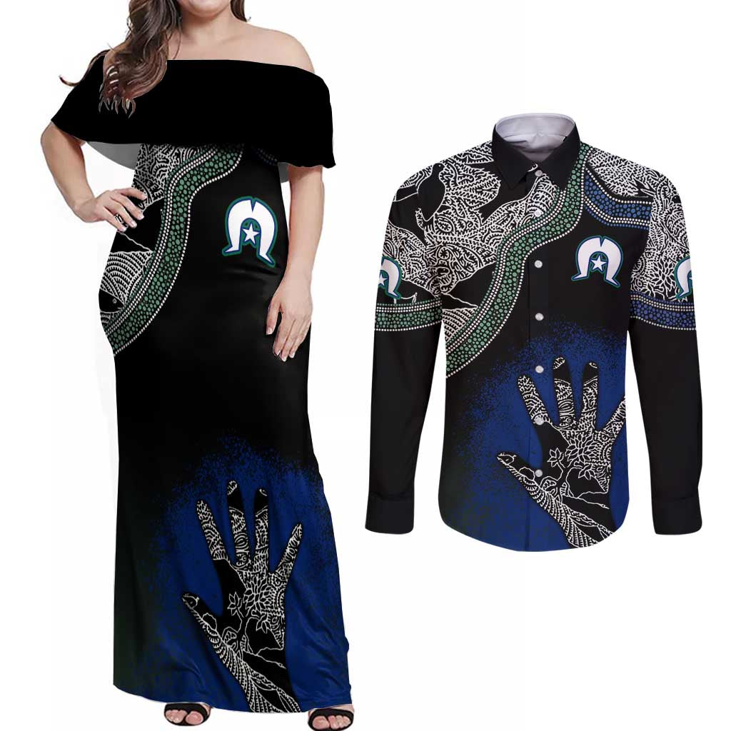 Black And White Aboriginal - Torres Strait Islanders Flag Couples Matching Off Shoulder Maxi Dress and Long Sleeve Button Shirt - Wonder Print Shop