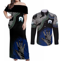 Black And White Aboriginal - Torres Strait Islanders Flag Couples Matching Off Shoulder Maxi Dress and Long Sleeve Button Shirt - Wonder Print Shop