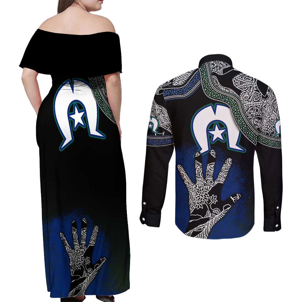 Black And White Aboriginal - Torres Strait Islanders Flag Couples Matching Off Shoulder Maxi Dress and Long Sleeve Button Shirt - Wonder Print Shop