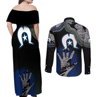Black And White Aboriginal - Torres Strait Islanders Flag Couples Matching Off Shoulder Maxi Dress and Long Sleeve Button Shirt - Wonder Print Shop
