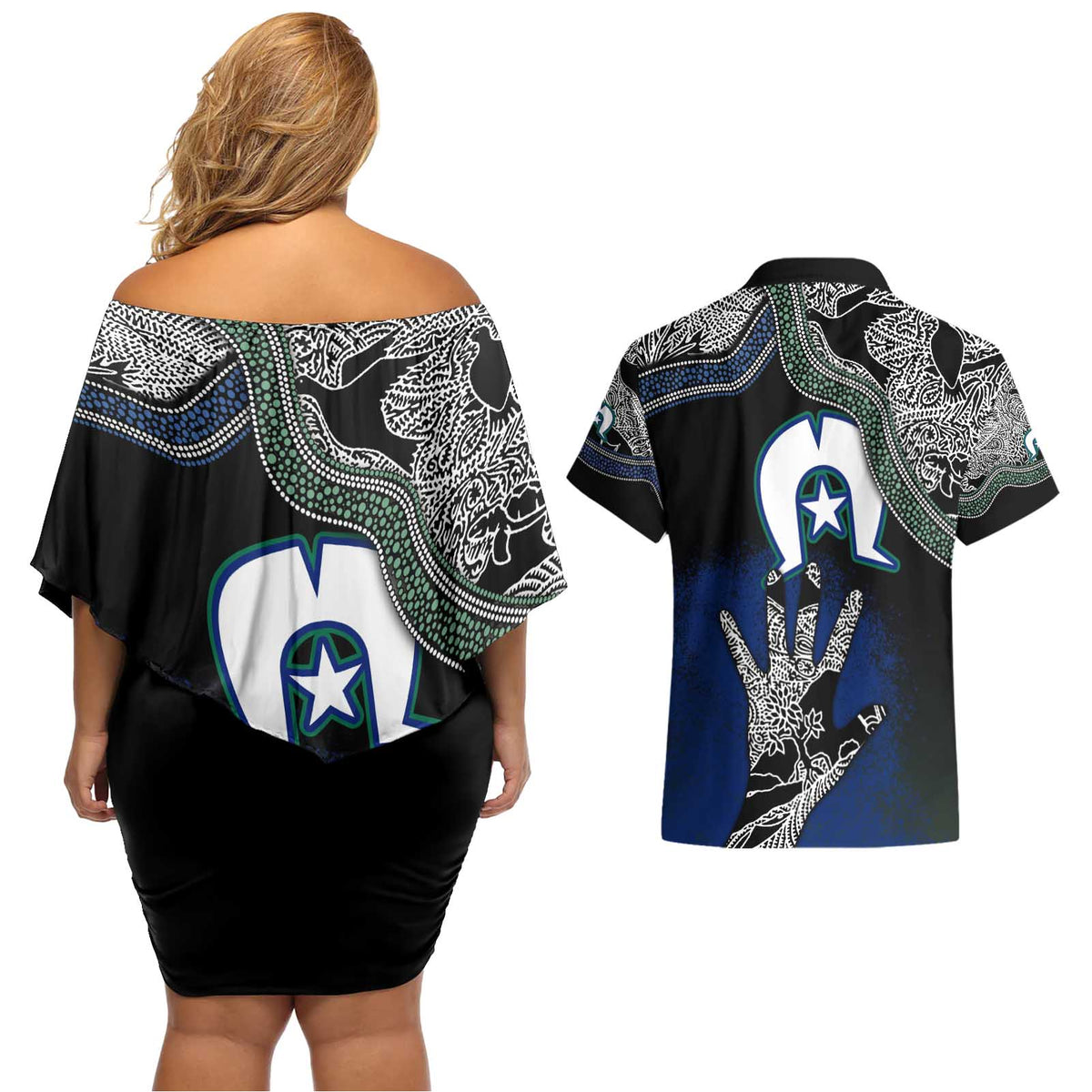 Black And White Aboriginal - Torres Strait Islanders Flag Couples Matching Off Shoulder Short Dress and Hawaiian Shirt - Wonder Print Shop