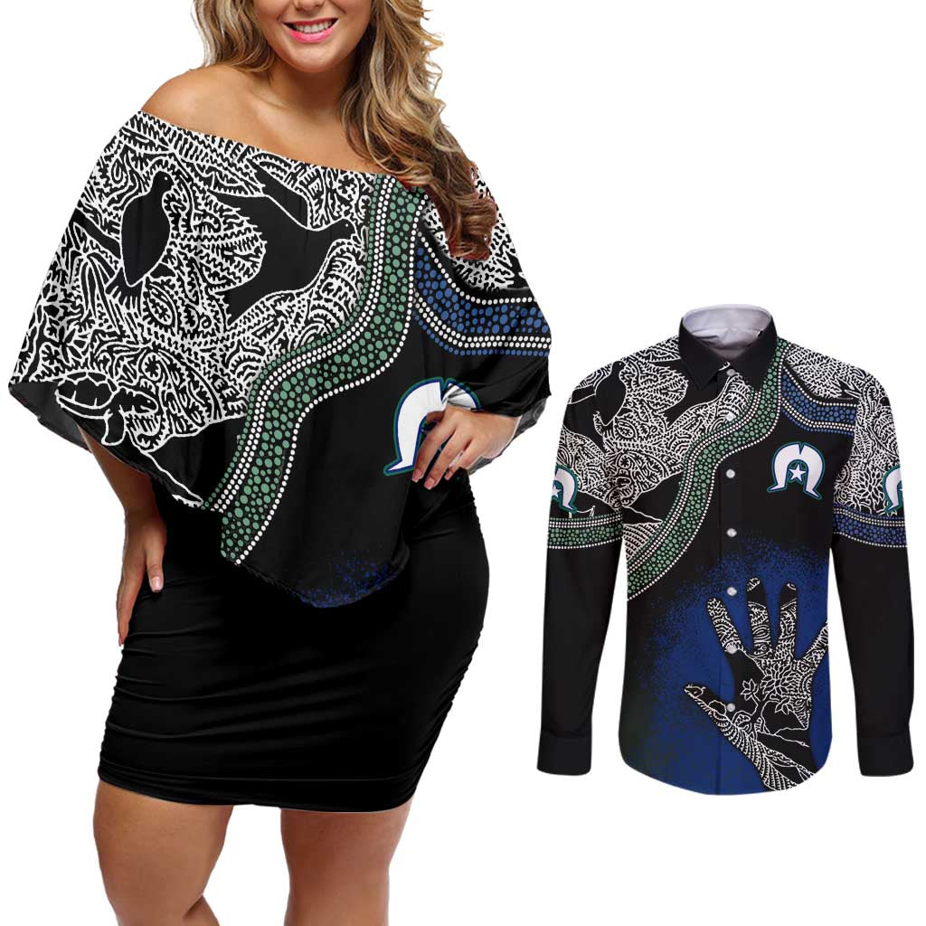 Black And White Aboriginal - Torres Strait Islanders Flag Couples Matching Off Shoulder Short Dress and Long Sleeve Button Shirt - Wonder Print Shop