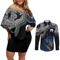 Black And White Aboriginal - Torres Strait Islanders Flag Couples Matching Off Shoulder Short Dress and Long Sleeve Button Shirt - Wonder Print Shop