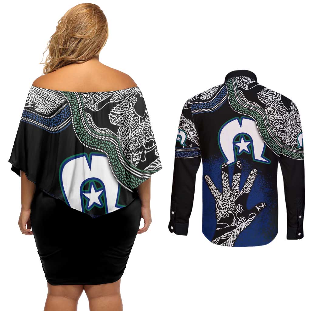 Black And White Aboriginal - Torres Strait Islanders Flag Couples Matching Off Shoulder Short Dress and Long Sleeve Button Shirt - Wonder Print Shop