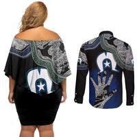 Black And White Aboriginal - Torres Strait Islanders Flag Couples Matching Off Shoulder Short Dress and Long Sleeve Button Shirt - Wonder Print Shop