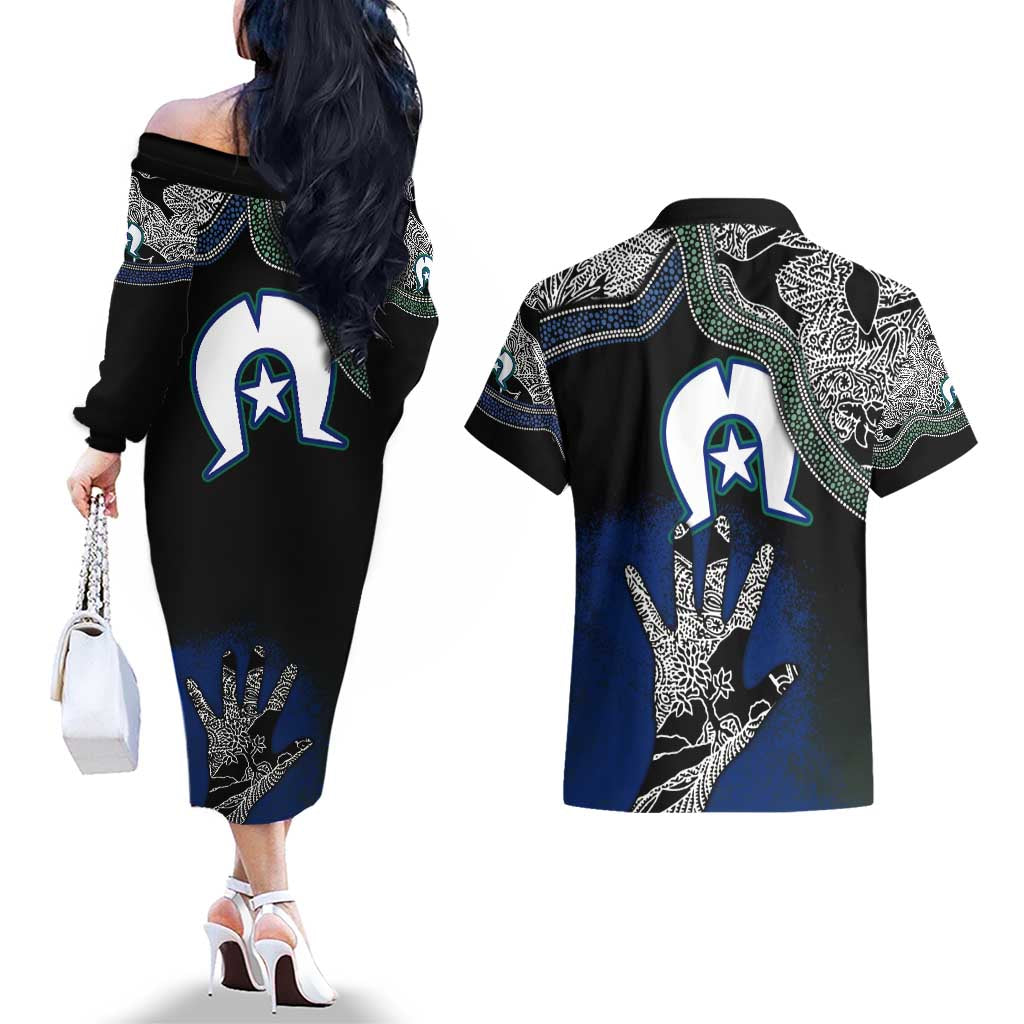 Black And White Aboriginal - Torres Strait Islanders Flag Couples Matching Off The Shoulder Long Sleeve Dress and Hawaiian Shirt - Wonder Print Shop