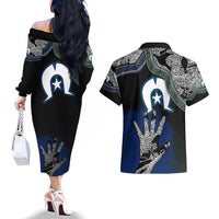 Black And White Aboriginal - Torres Strait Islanders Flag Couples Matching Off The Shoulder Long Sleeve Dress and Hawaiian Shirt - Wonder Print Shop