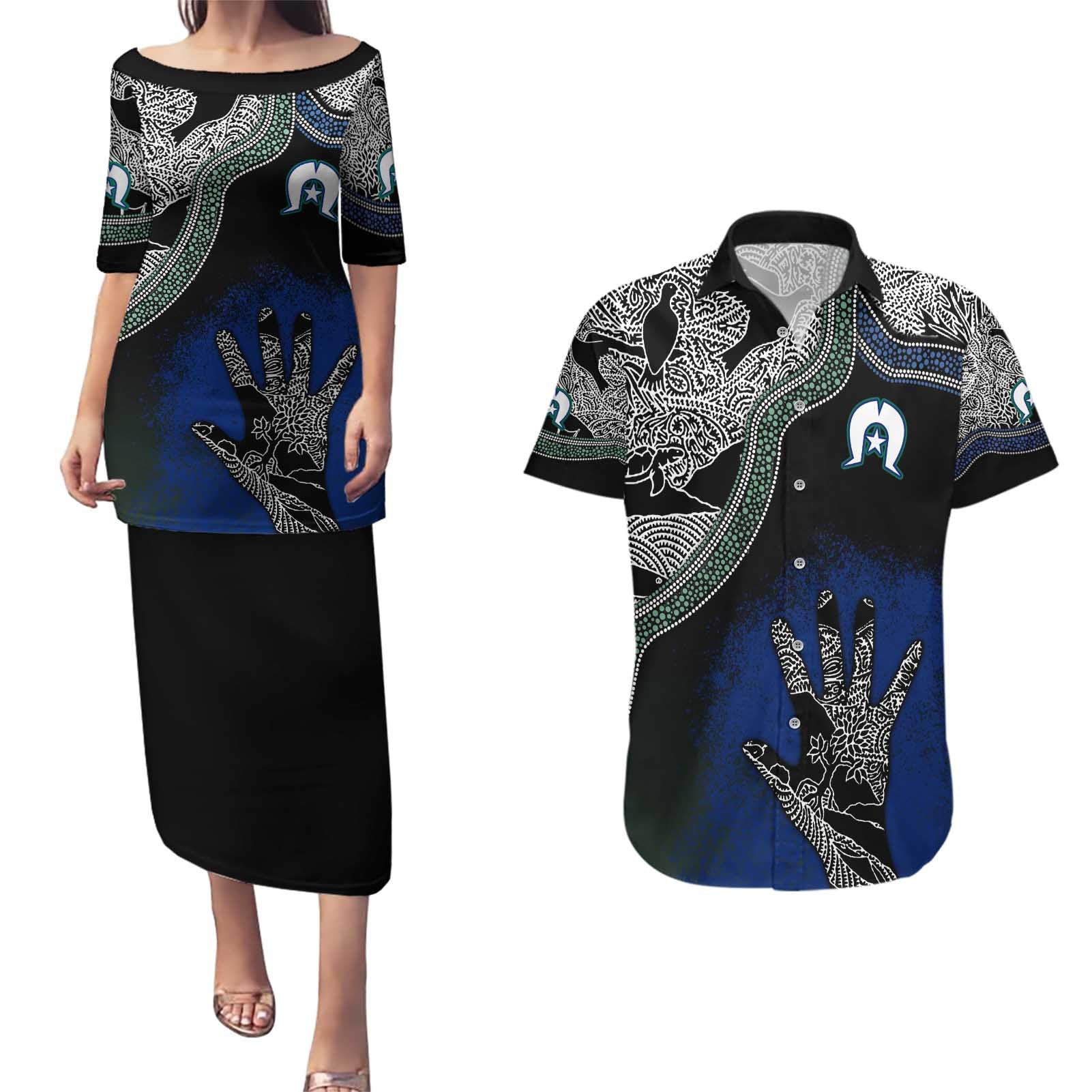 Black And White Aboriginal - Torres Strait Islanders Flag Couples Matching Puletasi and Hawaiian Shirt - Wonder Print Shop
