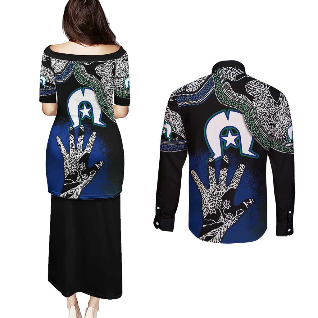 Black And White Aboriginal - Torres Strait Islanders Flag Couples Matching Puletasi and Long Sleeve Button Shirt - Wonder Print Shop