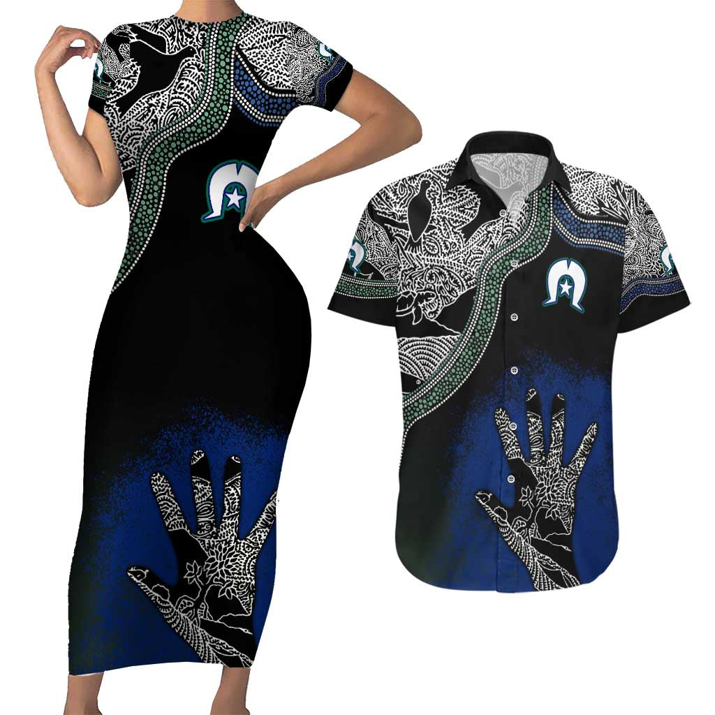Black And White Aboriginal - Torres Strait Islanders Flag Couples Matching Short Sleeve Bodycon Dress and Hawaiian Shirt - Wonder Print Shop