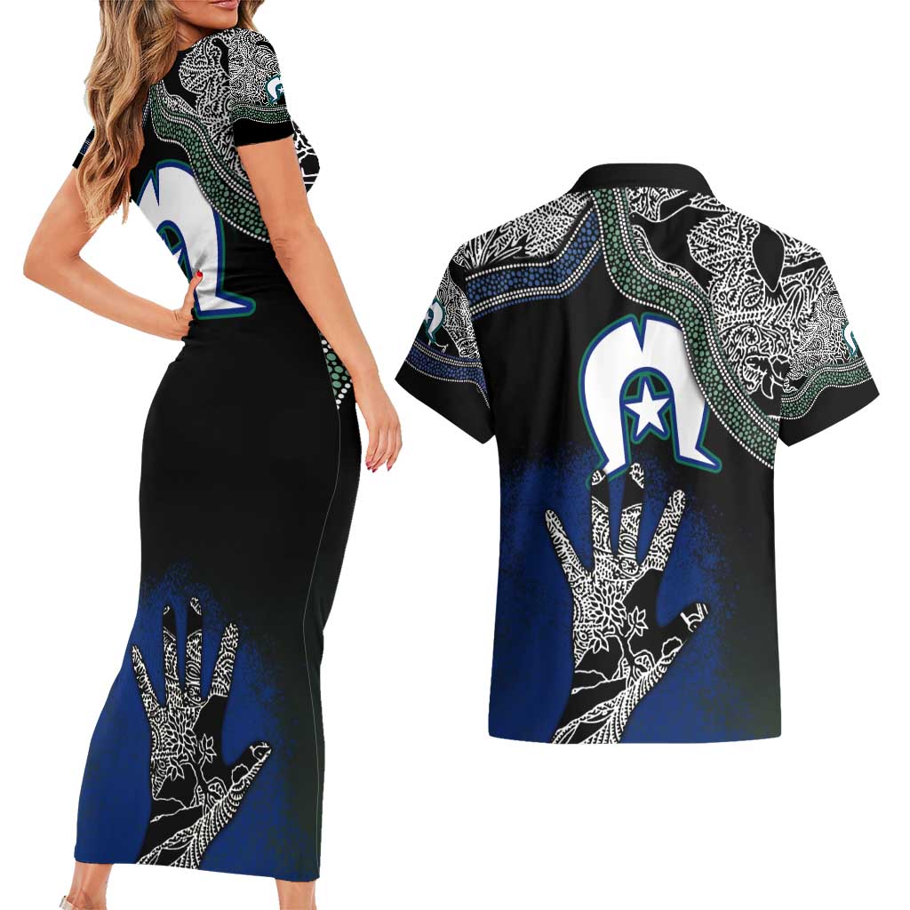 Black And White Aboriginal - Torres Strait Islanders Flag Couples Matching Short Sleeve Bodycon Dress and Hawaiian Shirt - Wonder Print Shop