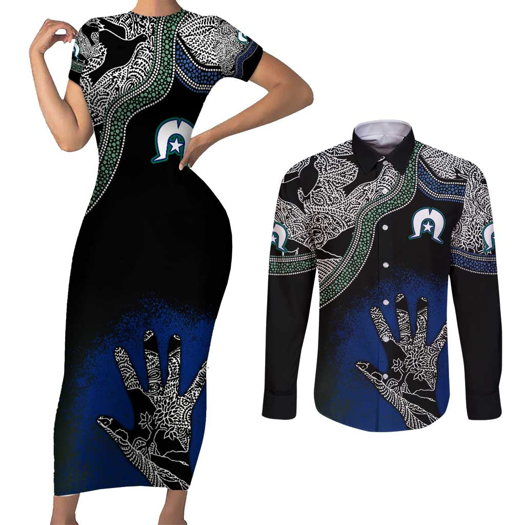 Black And White Aboriginal - Torres Strait Islanders Flag Couples Matching Short Sleeve Bodycon Dress and Long Sleeve Button Shirt - Wonder Print Shop
