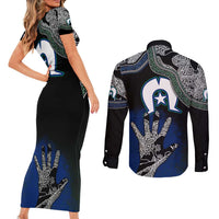 Black And White Aboriginal - Torres Strait Islanders Flag Couples Matching Short Sleeve Bodycon Dress and Long Sleeve Button Shirt - Wonder Print Shop