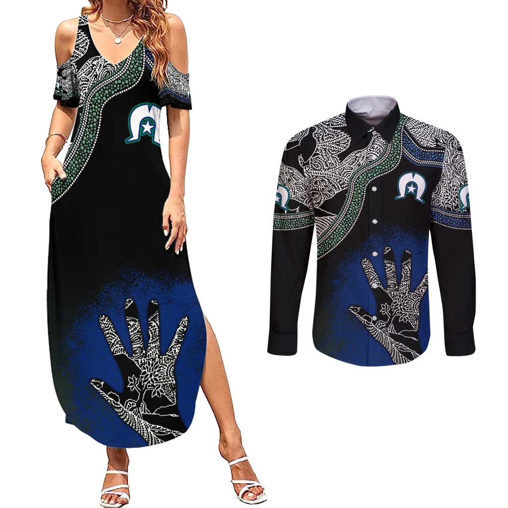 Black And White Aboriginal - Torres Strait Islanders Flag Couples Matching Summer Maxi Dress and Long Sleeve Button Shirt - Wonder Print Shop