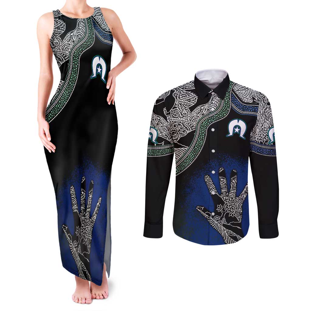 Black And White Aboriginal - Torres Strait Islanders Flag Couples Matching Tank Maxi Dress and Long Sleeve Button Shirt - Wonder Print Shop