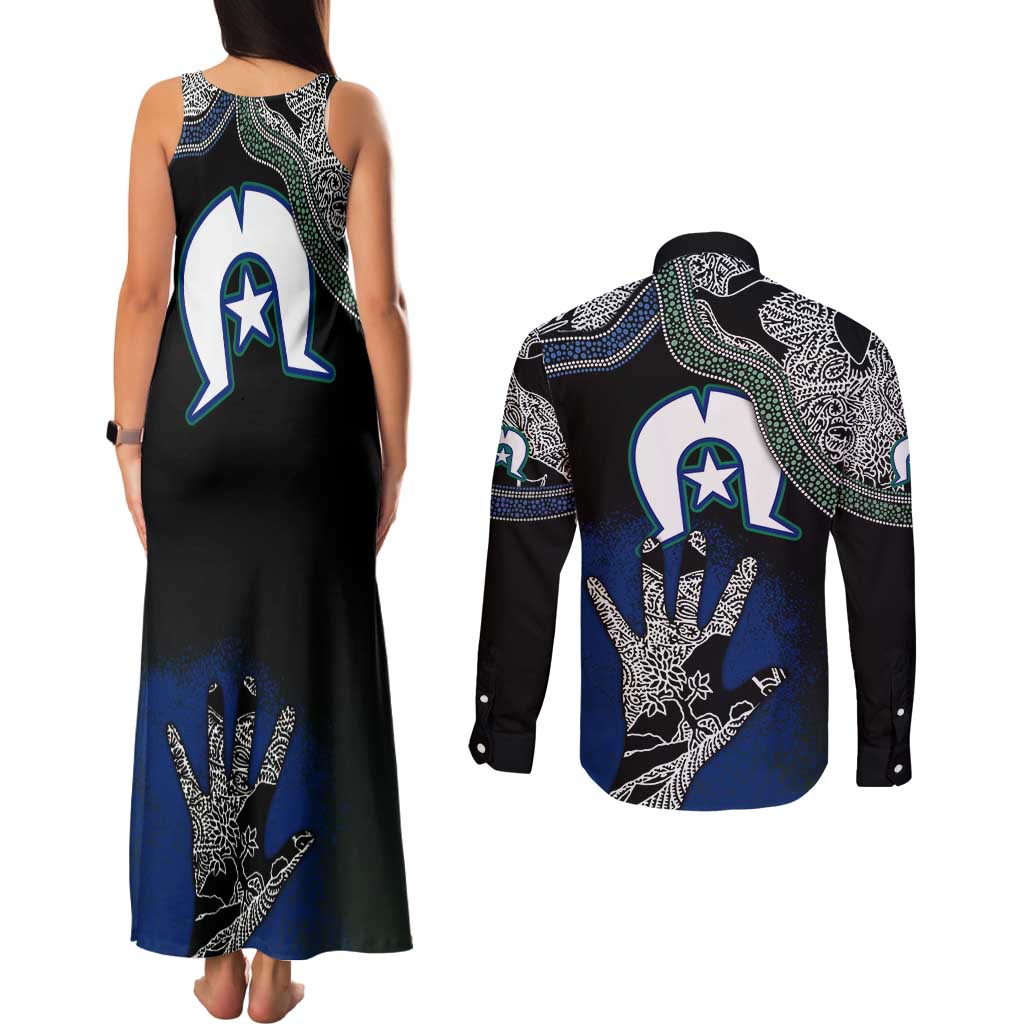 Black And White Aboriginal - Torres Strait Islanders Flag Couples Matching Tank Maxi Dress and Long Sleeve Button Shirt - Wonder Print Shop