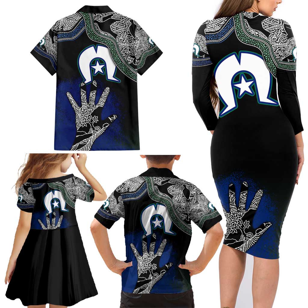 Black And White Aboriginal - Torres Strait Islanders Flag Family Matching Long Sleeve Bodycon Dress and Hawaiian Shirt - Wonder Print Shop